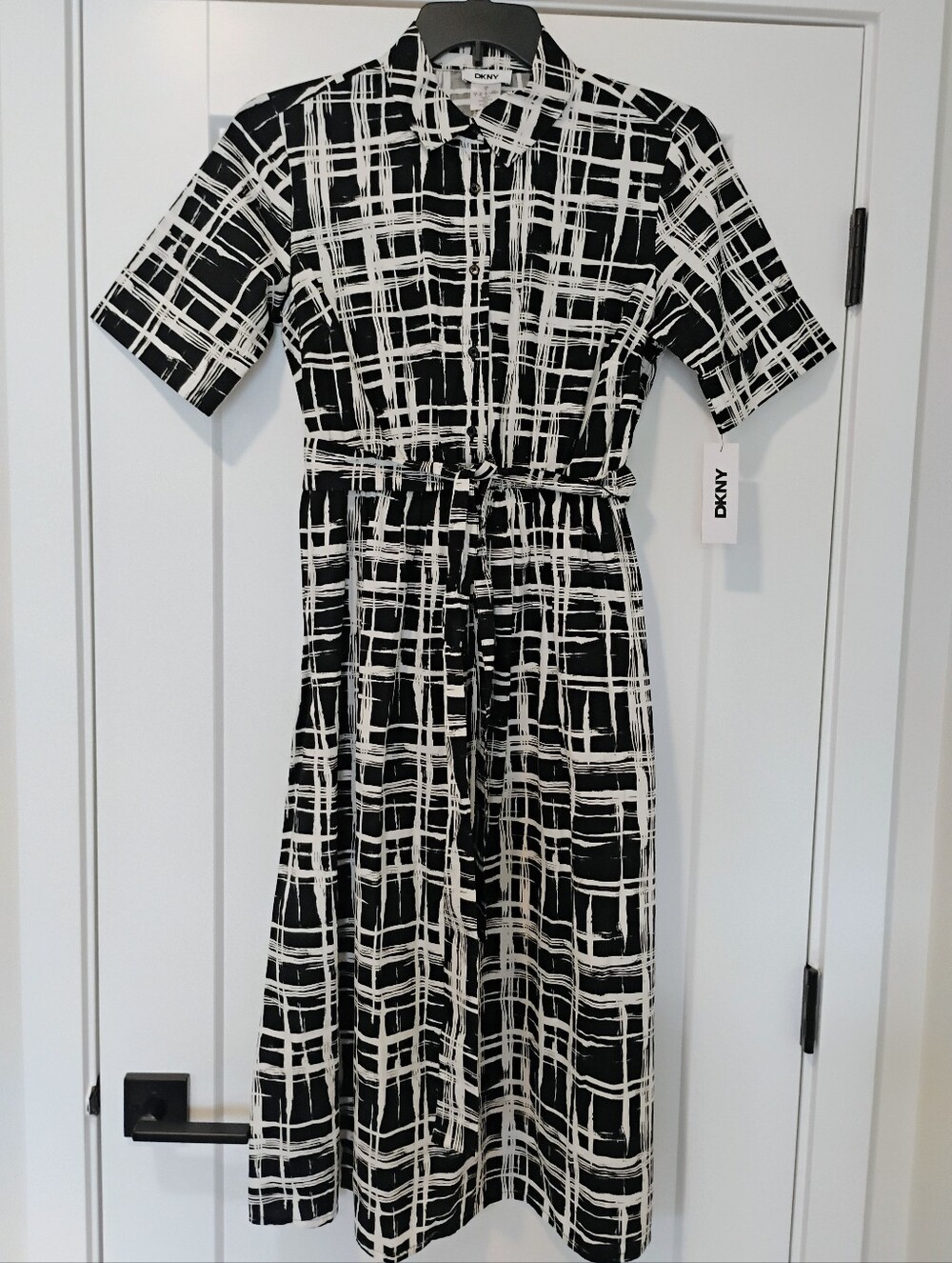NWT 4 DKNY Black And Ivory Abstract Grid Print Collared SS Midi Shirt Dress